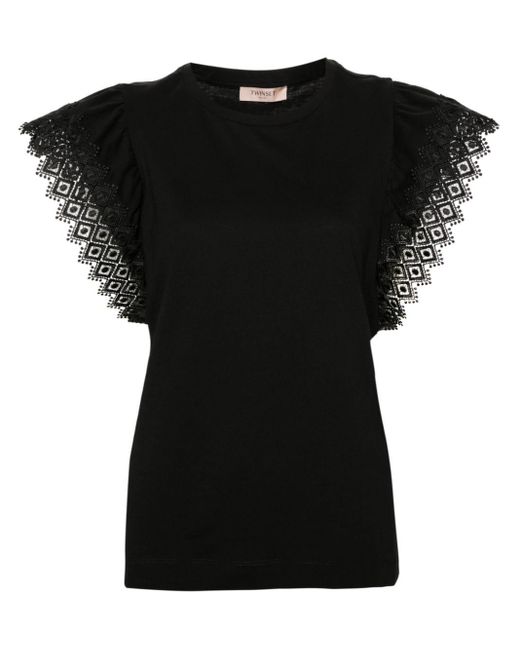 Twin Set Embroidered-sleeves Cotton Blouse in het Black