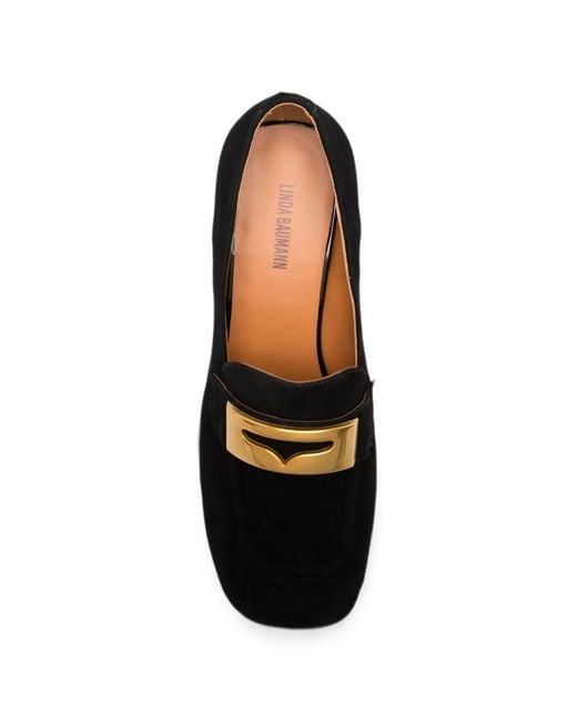 Linda Baumann Black Logo-Plaque Block-Heel Loafers