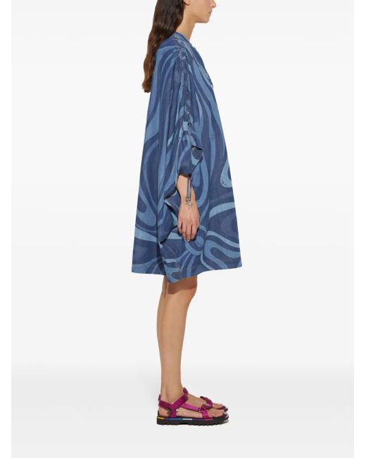 Emilio Pucci Blue Marmo-Print Denim Kaftan Dress