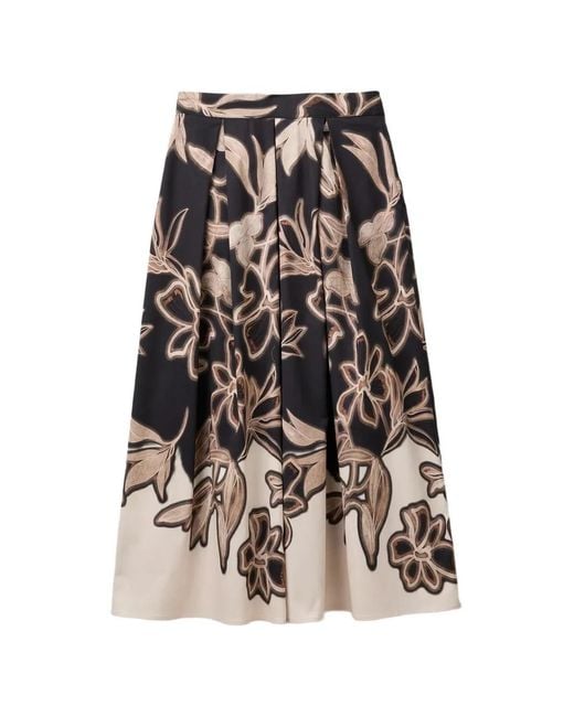 Benetton Black Floral-Print Pleated Midi Skirt