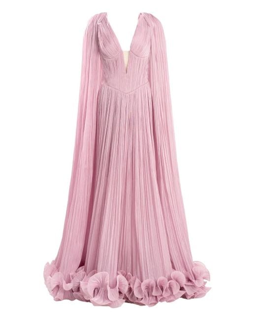Ana Radu Pink Cape-Pleated Ruffle Maxi Dress