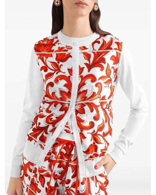 Dolce & Gabbana Red Maiolica-Print Silk And Twill Cardigan