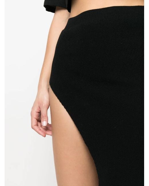 Laneus Black Ribbed-Knit Asymmetric Midi Skirt