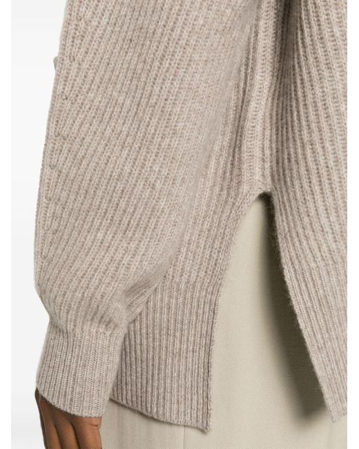 Allude Brown Mélange-effect Ribbed Cardigan