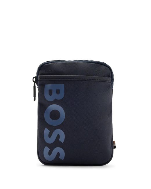 Boss Blue Logo-Print Canvas Crossbody Bag for men