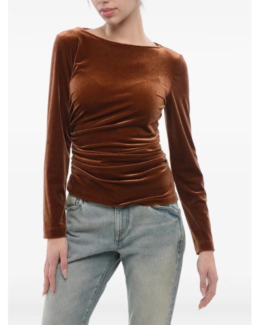 Stephan Janson Brown Draped Velvet-Effect Long-Sleeve T-Shirt