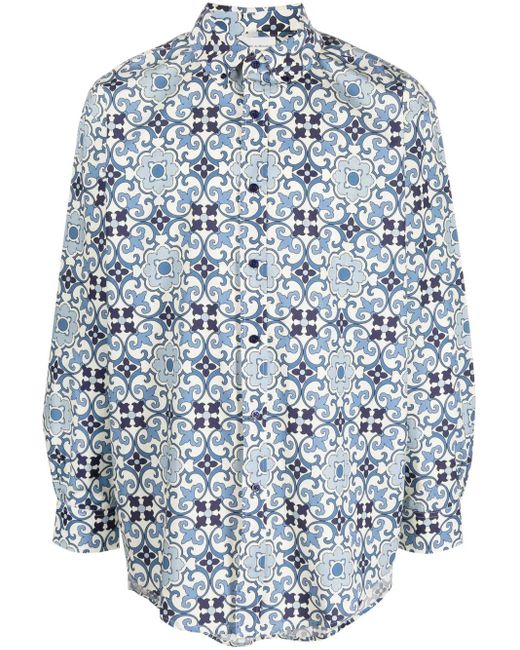 Drole de Monsieur Blue Faïence Geometric-Print Cotton Shirt for men