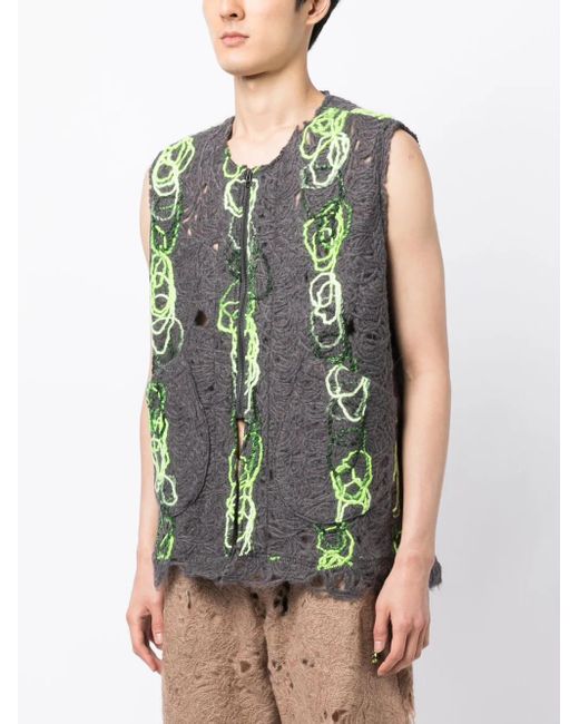 VITELLI Gray Open-Knit Distressed Zipped Waistcoat for men