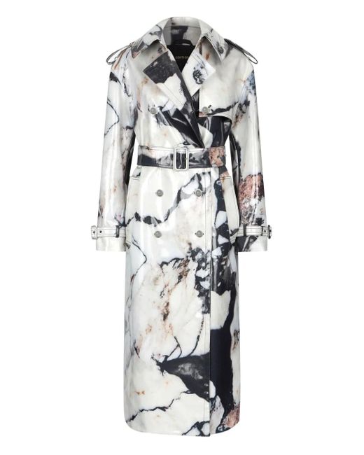 Roberto Cavalli White Marble-Print Double-Breasted Trench Coat