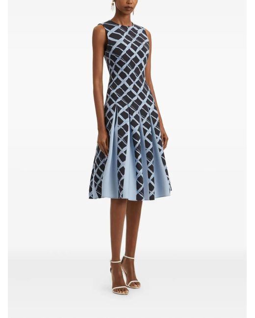 Oscar de la Renta Blue Pleated Wavy-Pattern Dress
