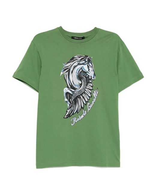 Roberto Cavalli Green Graphic-Print Cotton T-Shirt for men