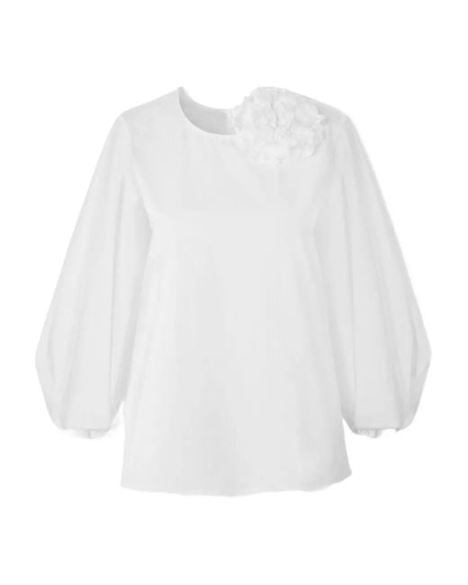 Carolina Herrera White Puff-Sleeve Top With Rosette