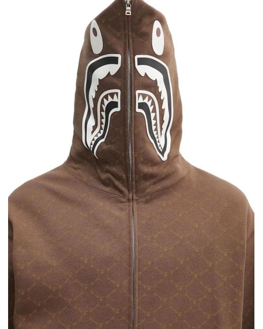 A Bathing Ape Brown College Monogram Shark-Motif Zip-Up Hoodie for men