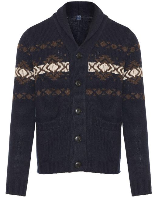 Fedeli Blue Fair Isle-Intarsia Cardigan for men