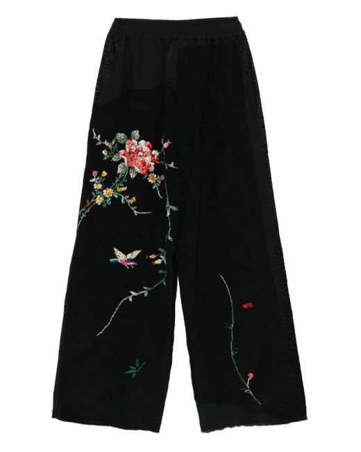 By Walid Black Floral-Embroidery Trousers