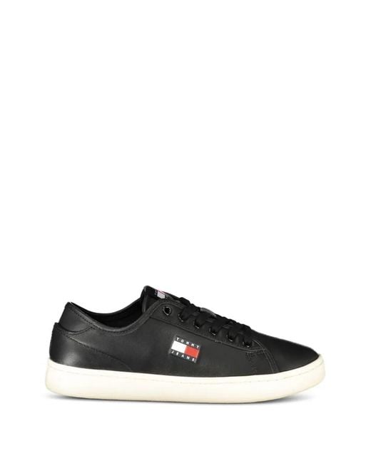 Tommy Hilfiger Black Logo-Patch Leather Sneakers