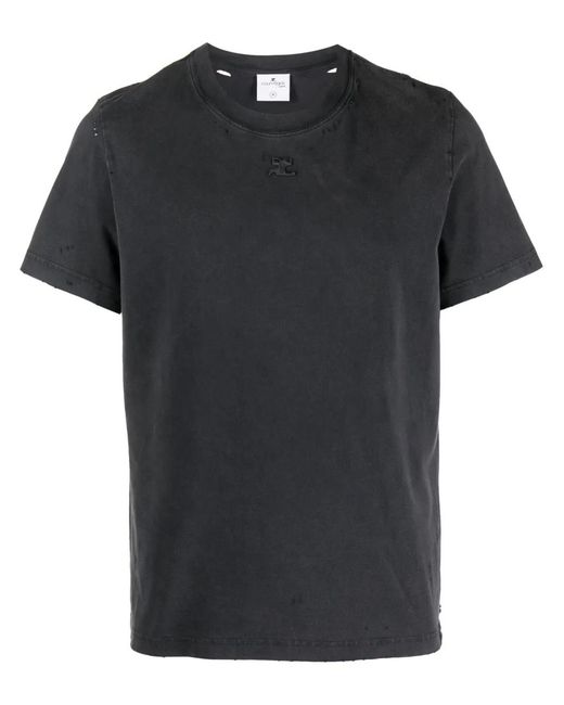Courreges Black Logo-Patch Distressed Cotton T-Shirt for men
