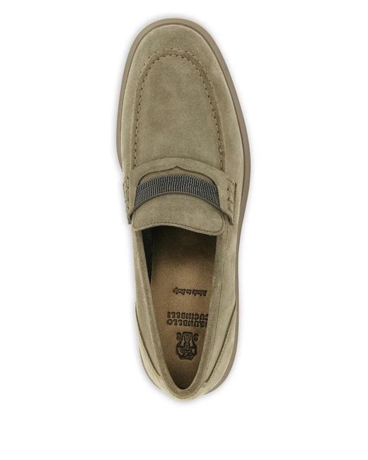 Brunello Cucinelli Green Monili-Detail Suede Loafers