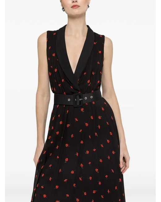 Nissa Black Belted Floral Midi Dress