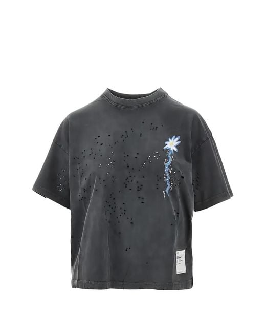 Satisfy Gray Distressed Floral-Detail T-Shirt