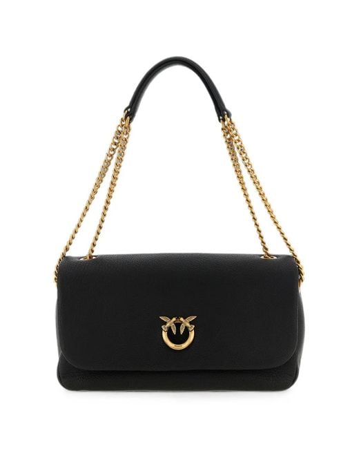 Pinko Black Love Birds Leather Shoulder Bag