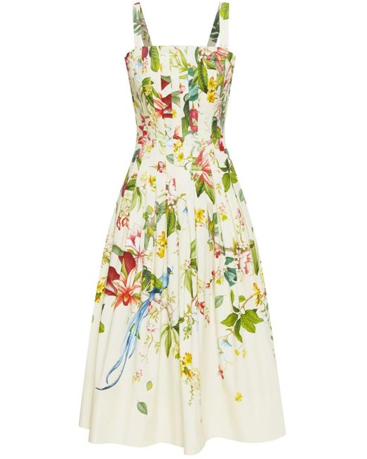Oscar de la Renta White Flora & Fauna-print Sleeveless Midi Dress