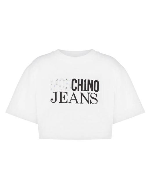 Moschino White Logo-Print Cropped T-Shirt