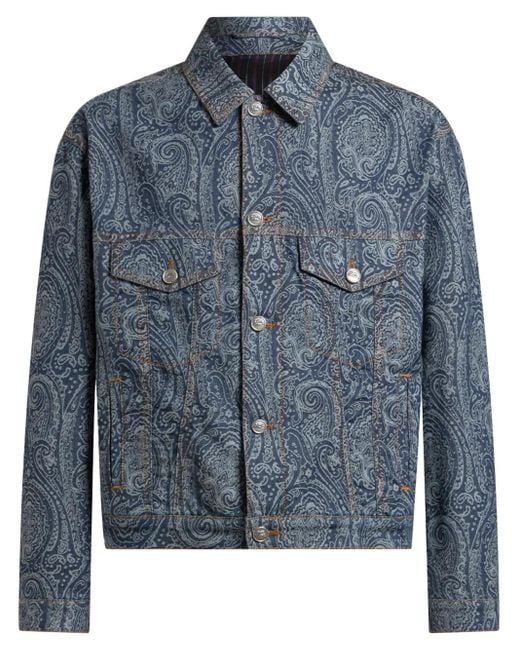 Etro Blue Denim Jacket With Paisley Motif All Over for men