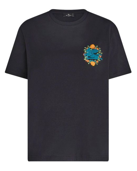 Etro Black T-Shirt mit Pegaso-Stickerei