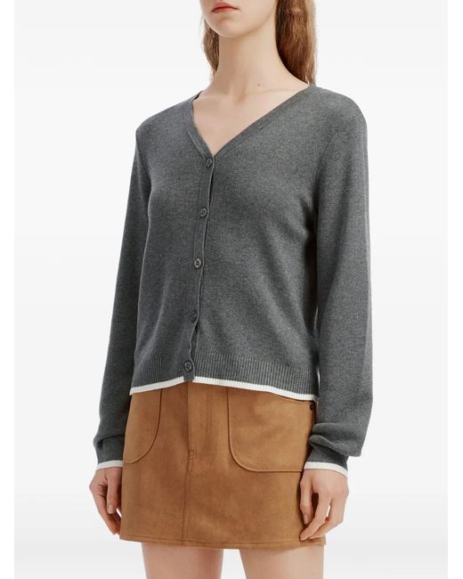 B+ AB Gray Sailor-Collar Contrast-Trim Cardigan