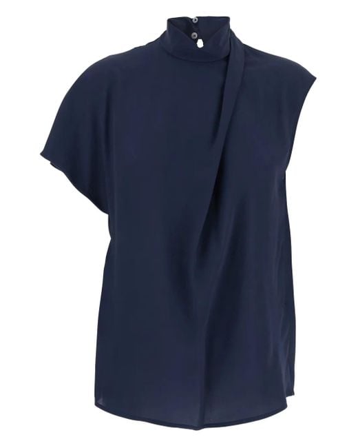 Tela Blue High-Neck Draped Blouse