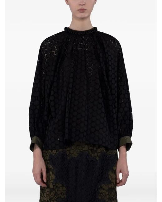 Biyan Black Gathered Neckline Eyelet Blouse