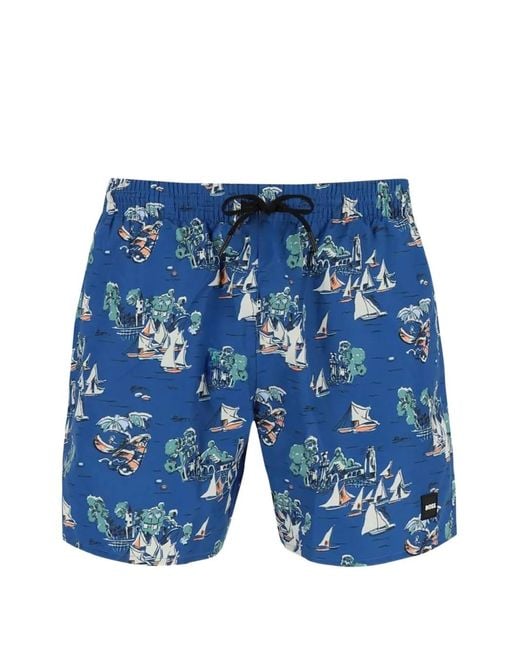 Boss Blue Logo-Patch Swim Shorts for men