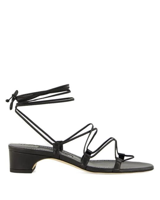 Manolo Blahnik Black Lace-Up Block-Heel Sandals