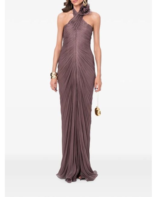 Ana Radu Purple Floral-Detail Pleated Maxi Gown