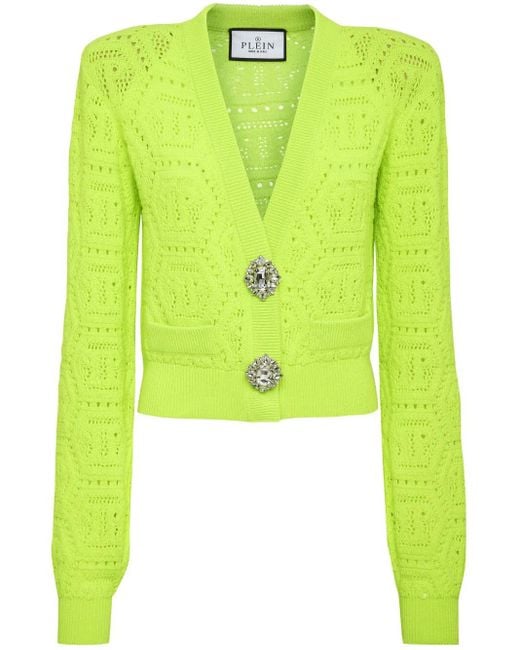 Philipp Plein Green Monogram-Intarsia Cropped Cardigan