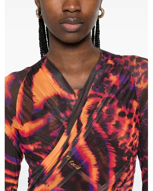 Versace Jeans Couture Red Animal-Print Tulle Midi Dress