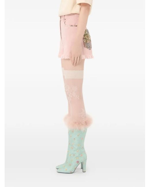 Valentino Garavani Pink Floral Frayed Denim Shorts