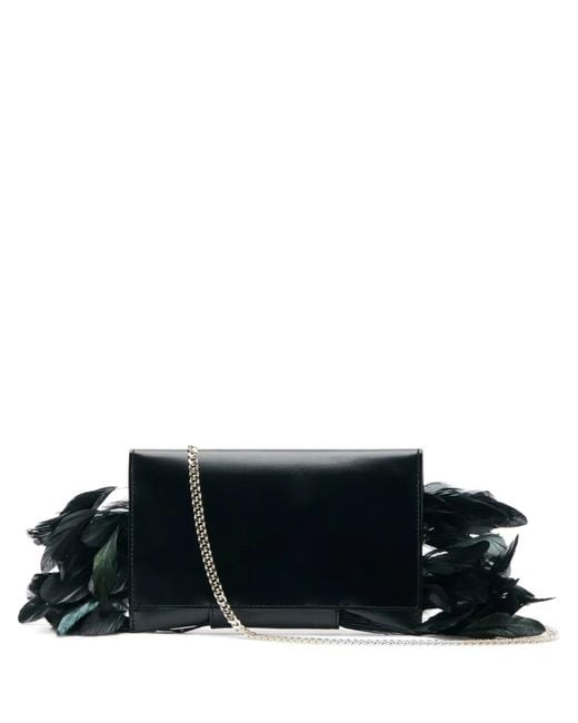 Patrizia Pepe Black Feather-Trim Clutch Bag