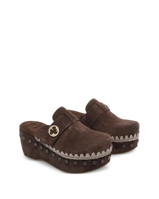 Mou Brown Round-Toe Studded Clogs