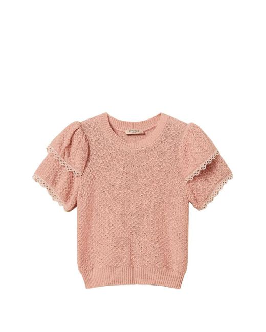 Twinset Pink Crew Neck Jumper With Flounces