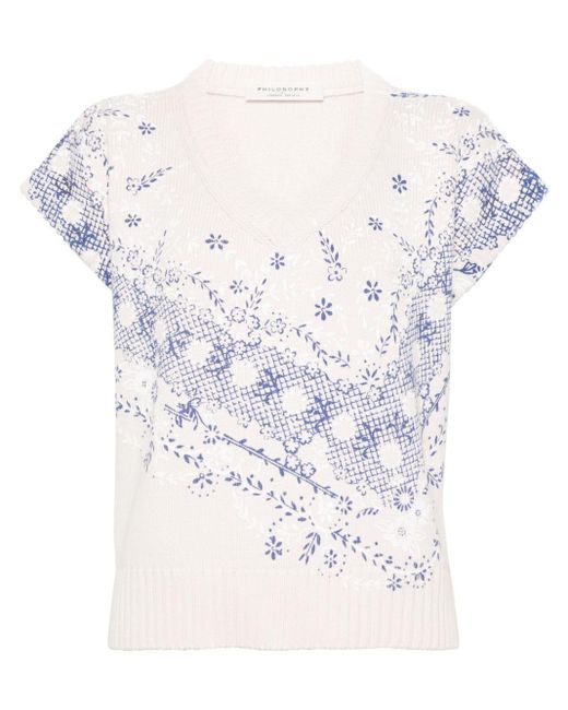 Philosophy Di Lorenzo Serafini White Floral-print Knitted Jumper