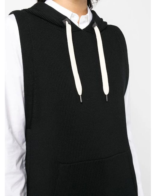 Brunello Cucinelli Black Ribbed-Knit Vest Hoodie