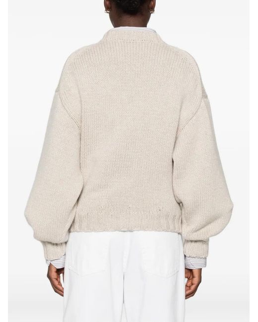 Khaite White Ribbed-Knit Balloon-Sleeve Sweater
