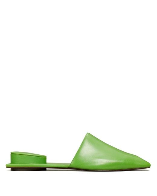Tory Burch Green Pierced Leather Mules
