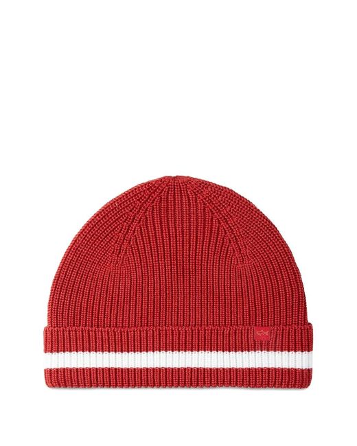 Paul & Shark Red Ribbed Striped Beanie Hat for men