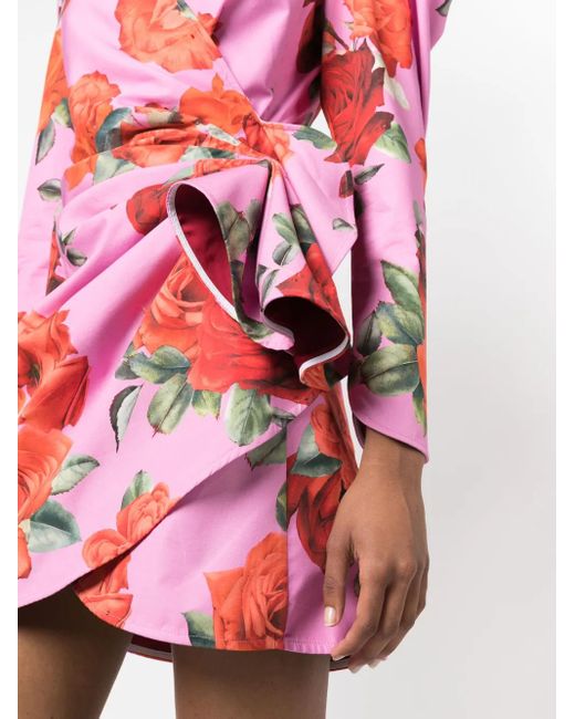 Forte Red Floral-Print Drape-Detail Dress