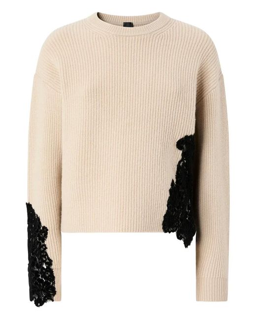 Pinko Natural Ribbed Knit Sweater With Lace Appliqué Details
