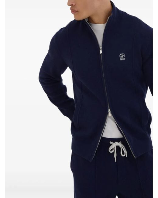Brunello Cucinelli Blue Zip-Front Embroidered-Logo Cardigan for men