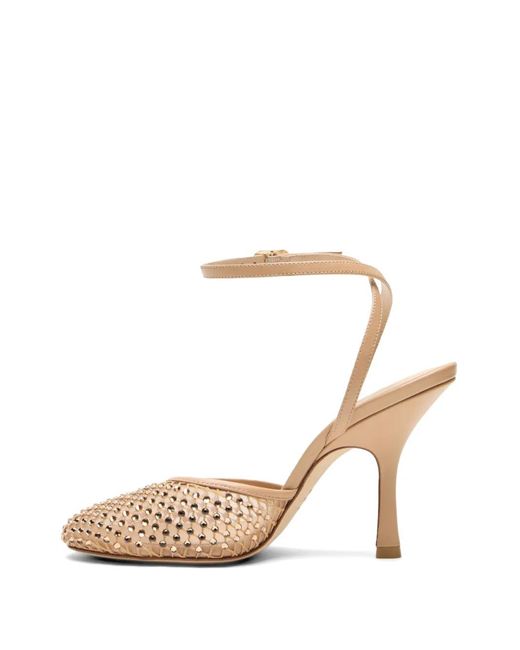 Stuart Weitzman White Bareitall Crystal-Embellished Ankle Strap Pumps